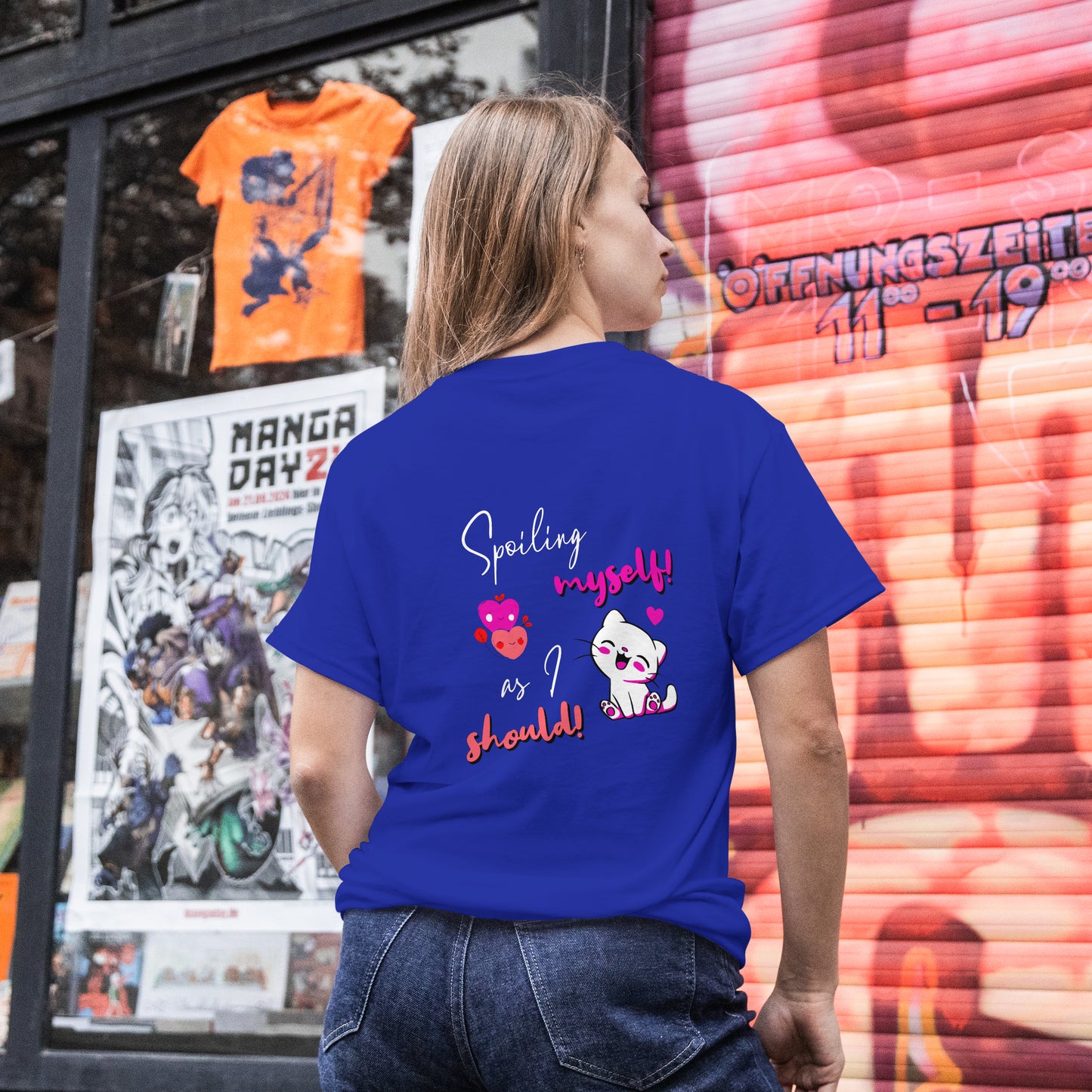 ‘Spoiling Myself’ Women Royal Blue T-Shirt Valentine Special by SillyExplorer Back View