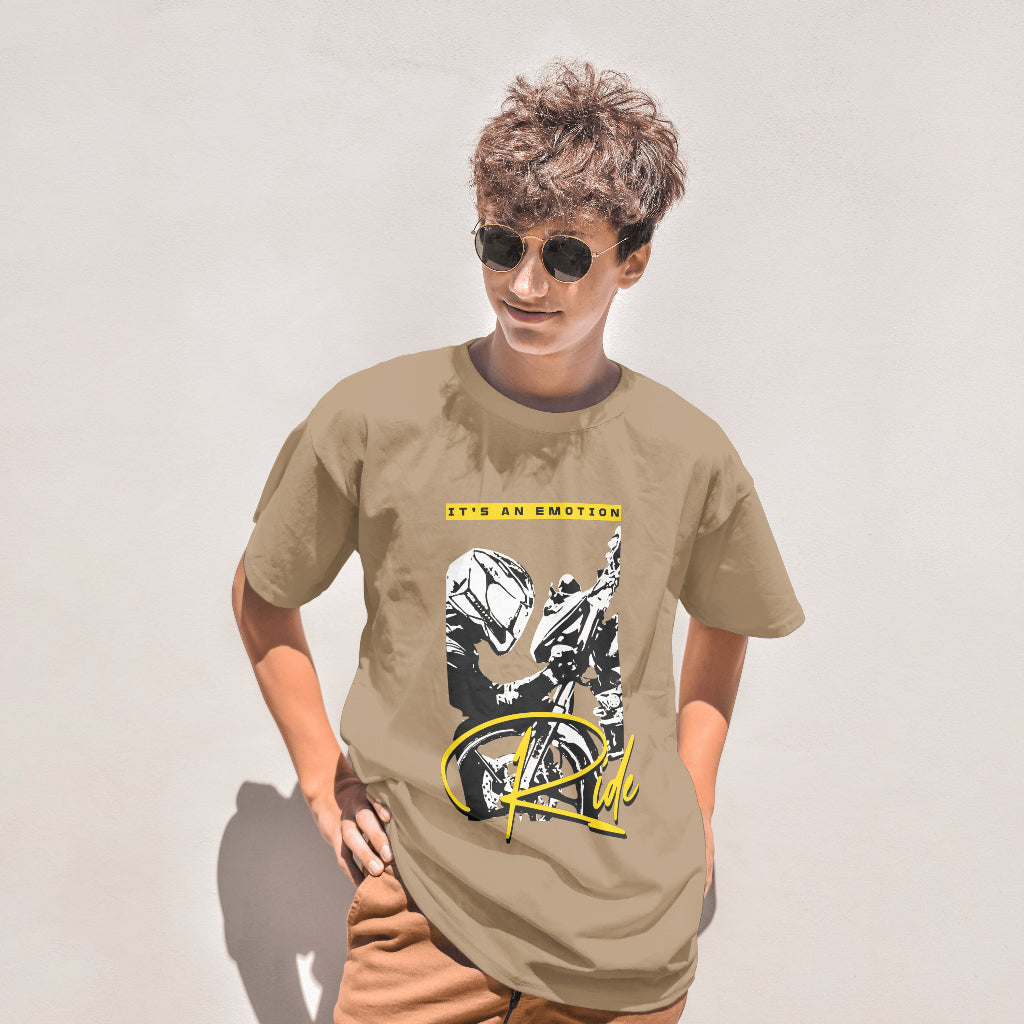 ‘Ride Emotions’ Men Beige T-Shirt by SillyExplorer Front View