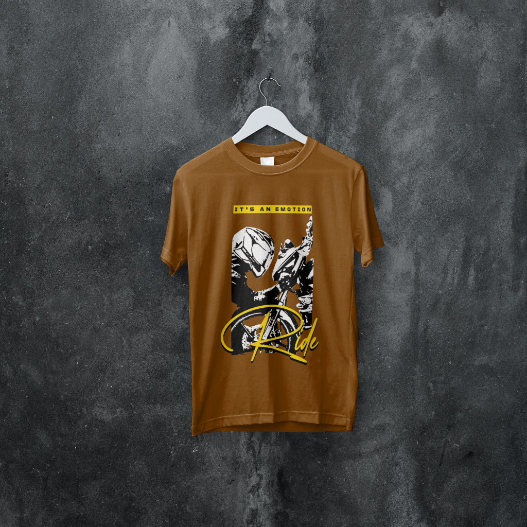 ‘Ride Emotions’ Men Brown T-Shirt by SillyExplorer 2nd Front View