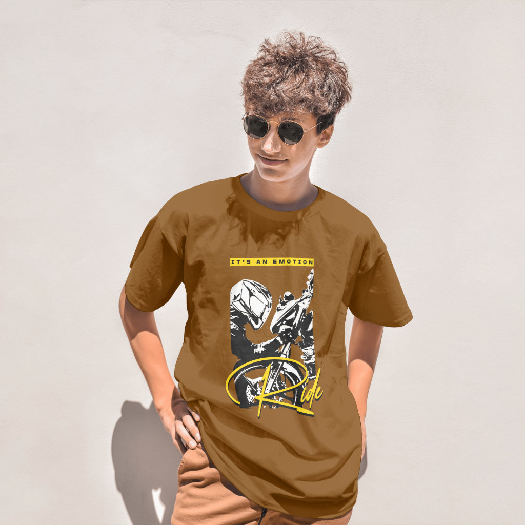 ‘Ride Emotions’ Men Brown T-Shirt by SillyExplorer Front View