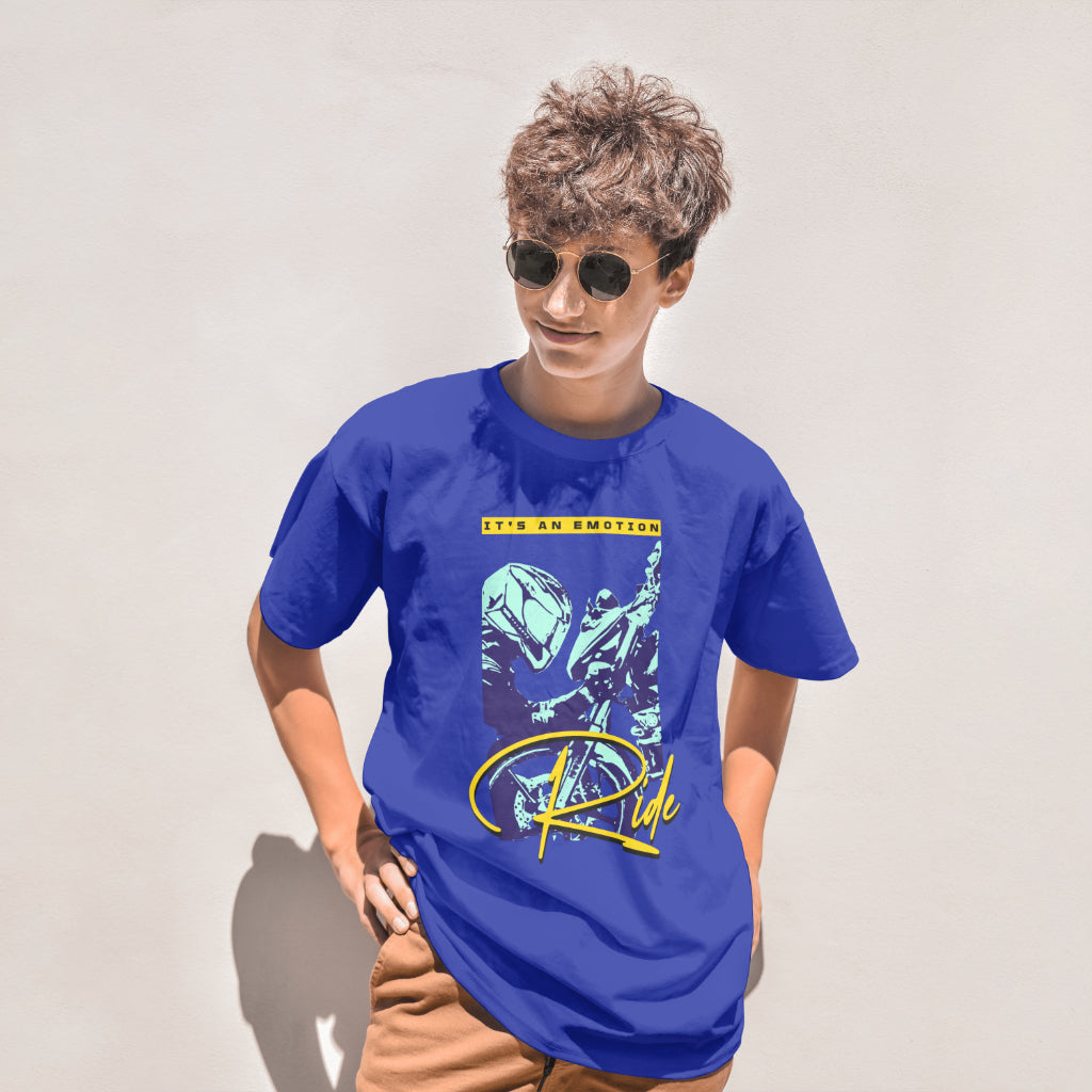 ‘Ride Emotions’ Men Royal Blue T-Shirt by SillyExplorer Front View