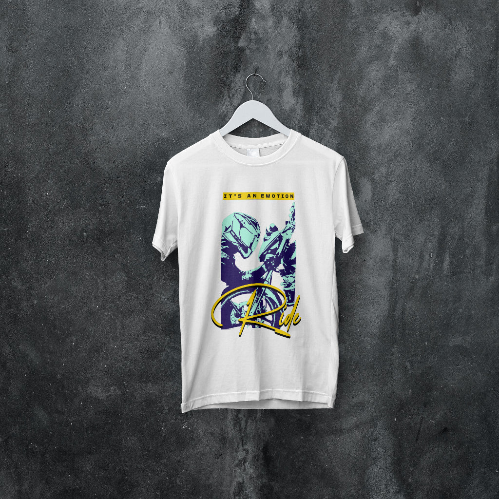 ‘Ride Emotions’ Men White T-Shirt by SillyExplorer 2nd Front View