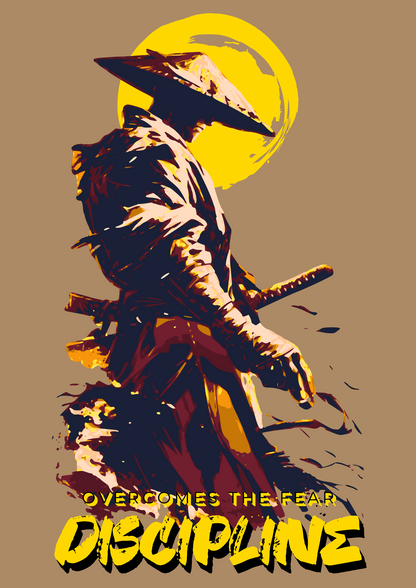 ‘Samurai Discipline’ Men Beige T-Shirt by SillyExplorer Design Closeup