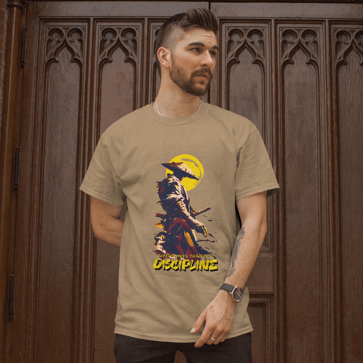 ‘Samurai Discipline’ Men Beige T-Shirt by SillyExplorer Front View