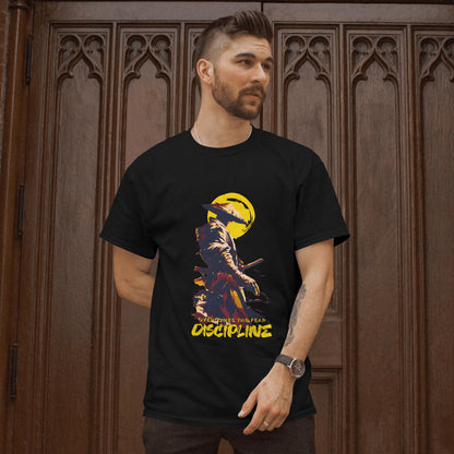 ‘Samurai Discipline’ Men Black T-Shirt by SillyExplorer Front View