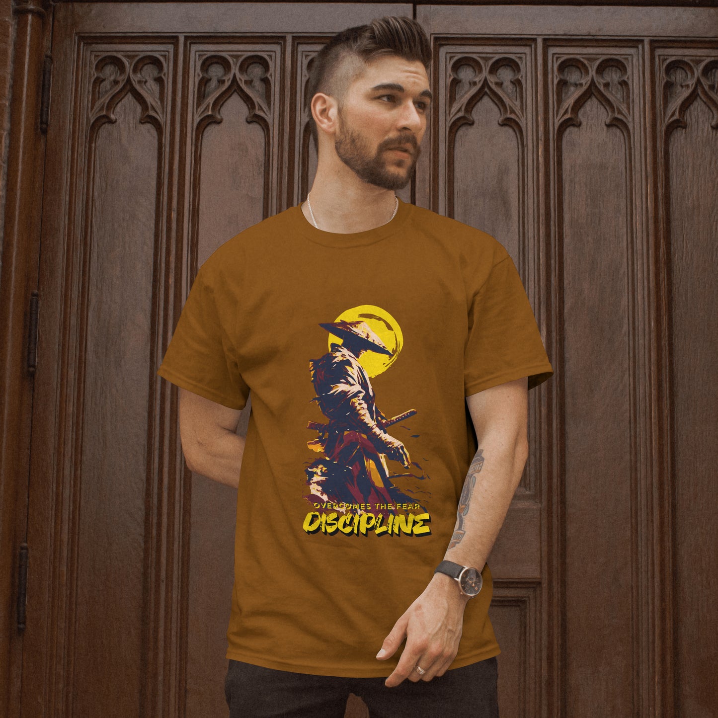 ‘Samurai Discipline’ Men Brown T-Shirt by SillyExplorer Front View