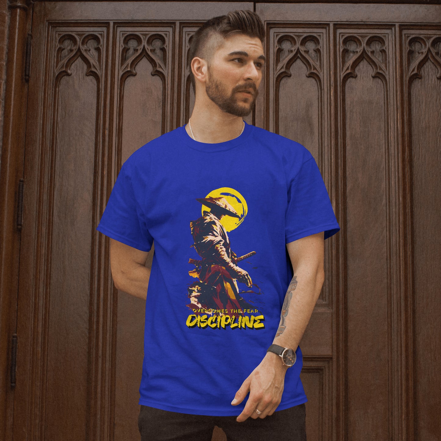 ‘Samurai Discipline’ Men Royal Blue T-Shirt by SillyExplorer Front View