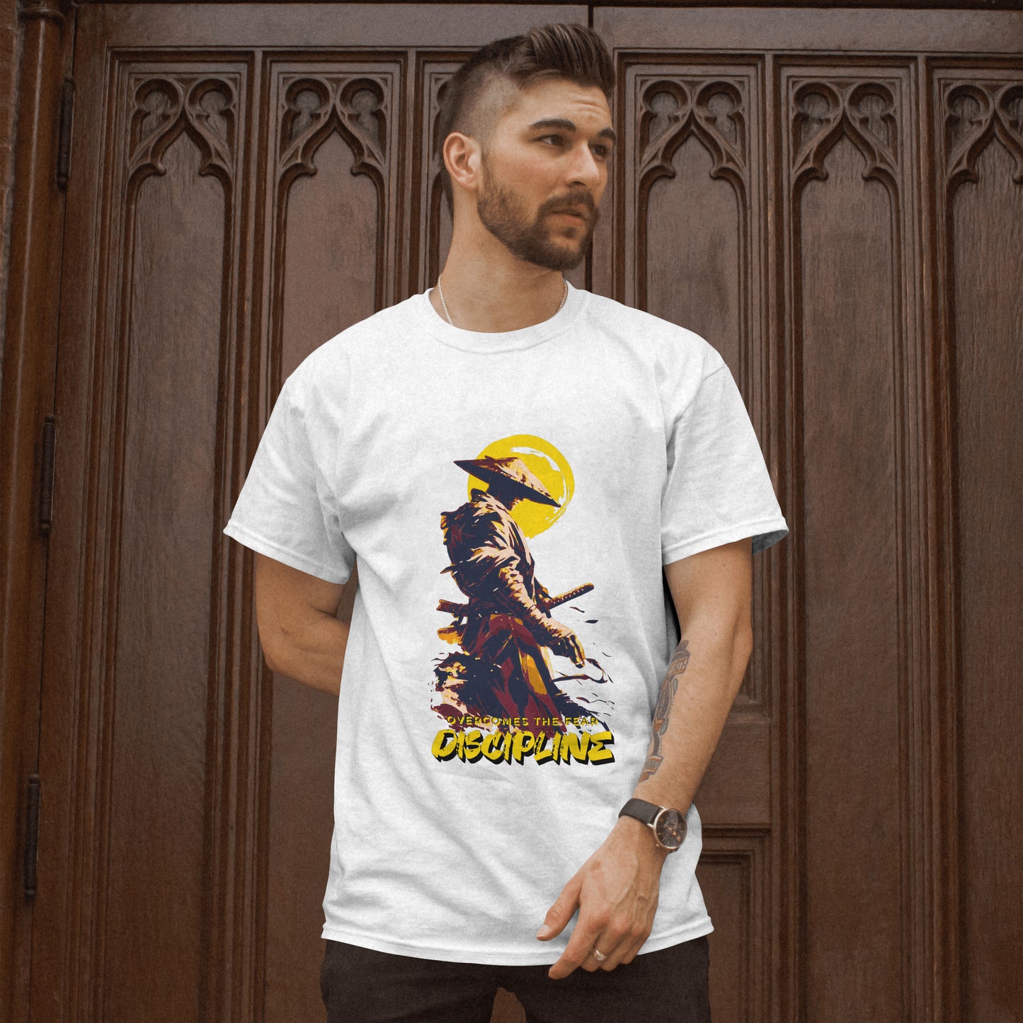 ‘Samurai Discipline’ Men White T-Shirt by SillyExplorer Front View