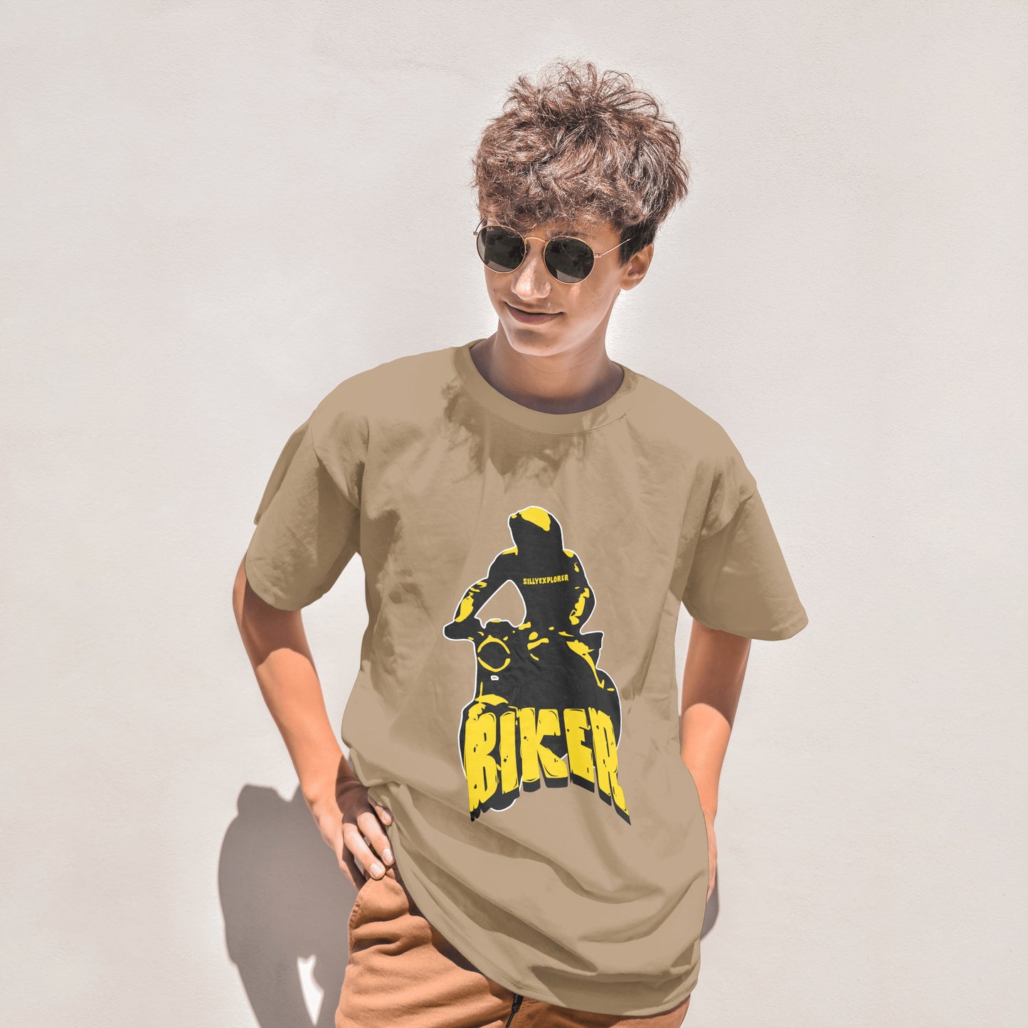 ‘Biker for Life’ Men Beige T-Shirt by SillyExplorer Front View