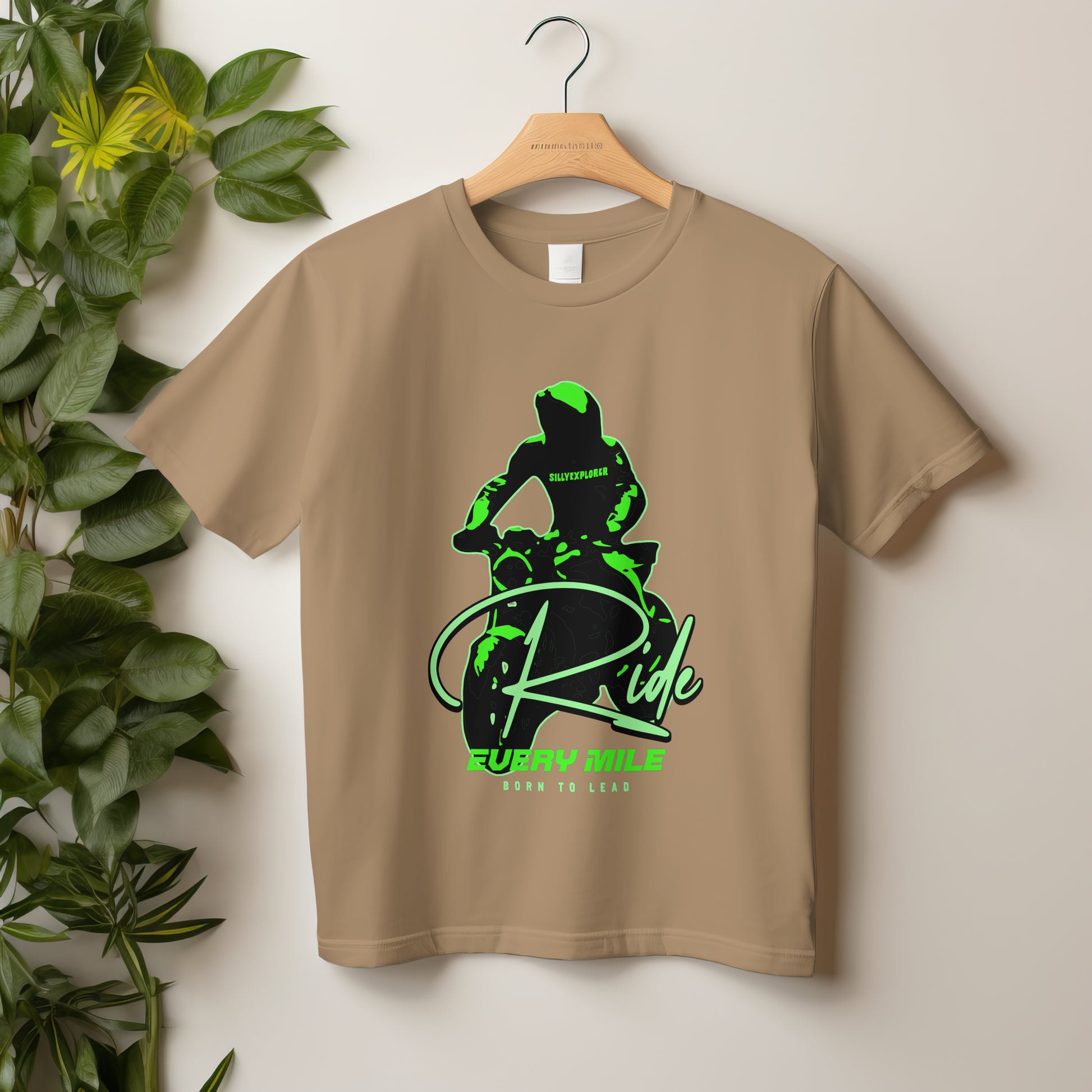 ‘Born Rider’ Men Beige T-Shirt by SillyExplorer 2nd Front View