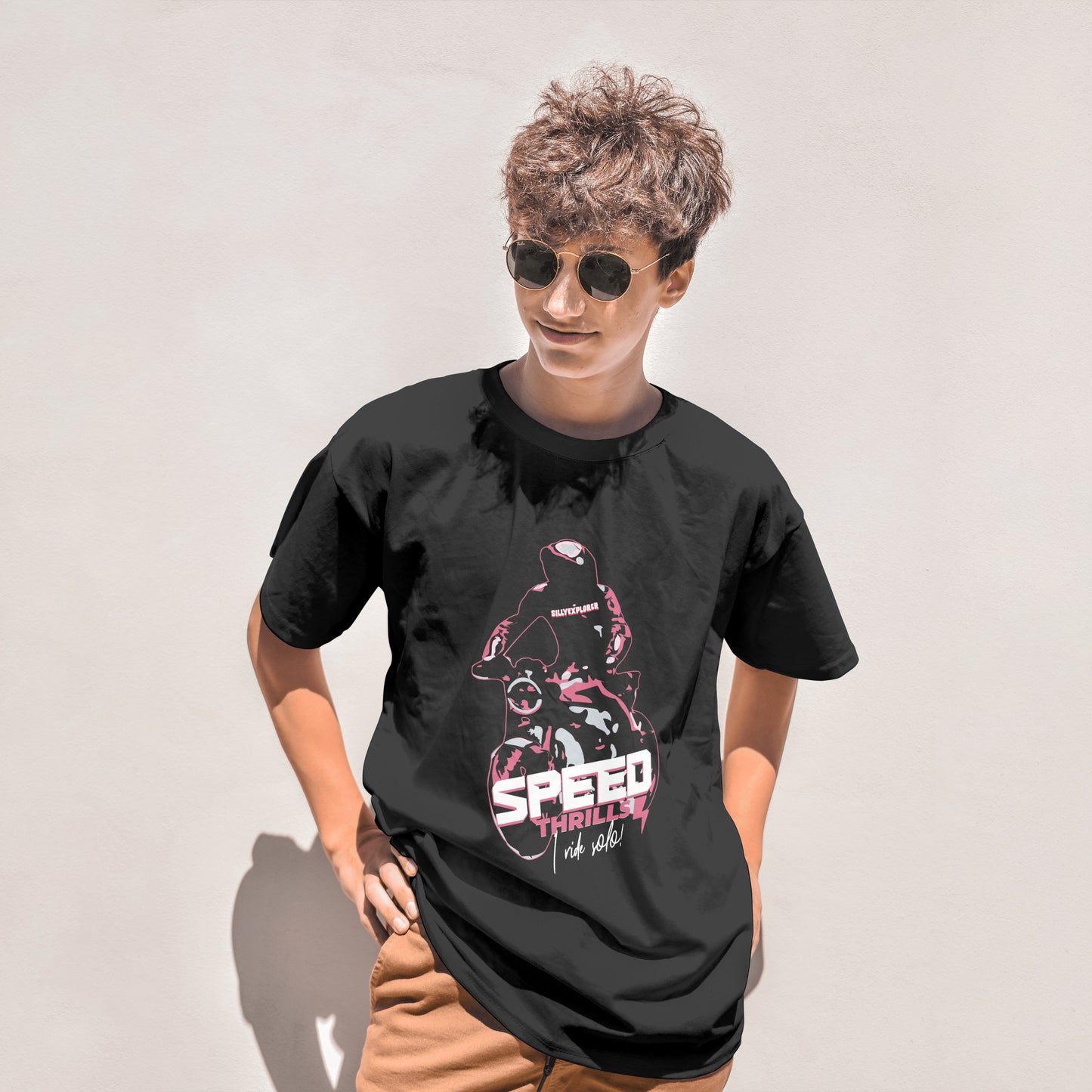 ‘Speed Thrills’ Men Black T-Shirt by SillyExplorer Front View