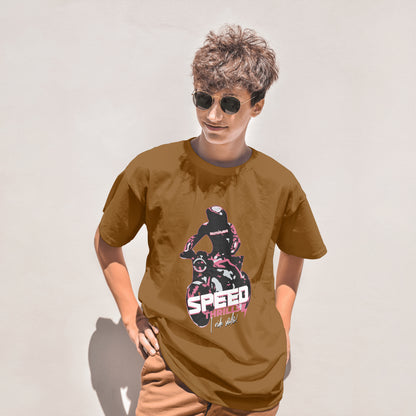 ‘Speed Thrills’ Men Brown T-Shirt by SillyExplorer Front View