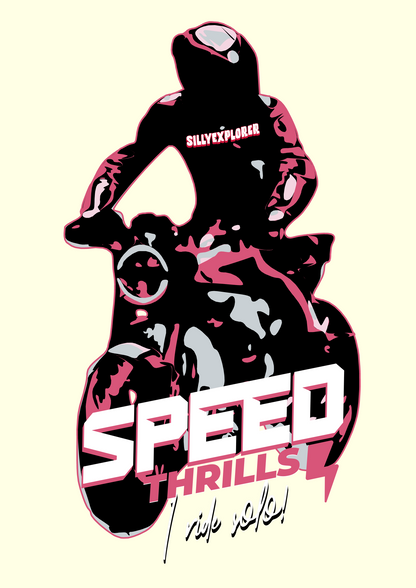 ‘Speed Thrills’ Men Off-White T-Shirt by SillyExplorer Design Closeup