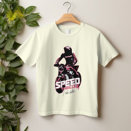 ‘Speed Thrills’ Men Off-White T-Shirt by SillyExplorer 2nd Front View