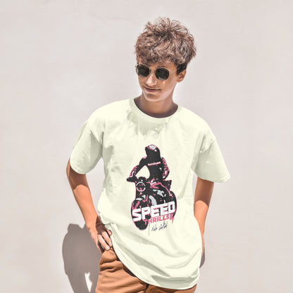 ‘Speed Thrills’ Men Off-White T-Shirt by SillyExplorer Front View