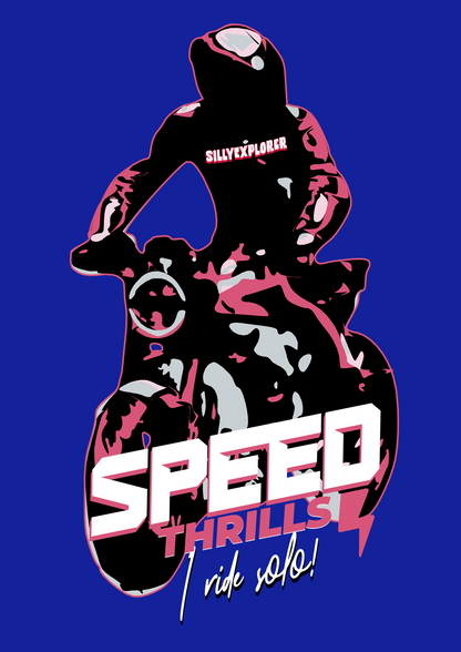 ‘Speed Thrills’ Men Royal Blue T-Shirt by SillyExplorer Design Closeup