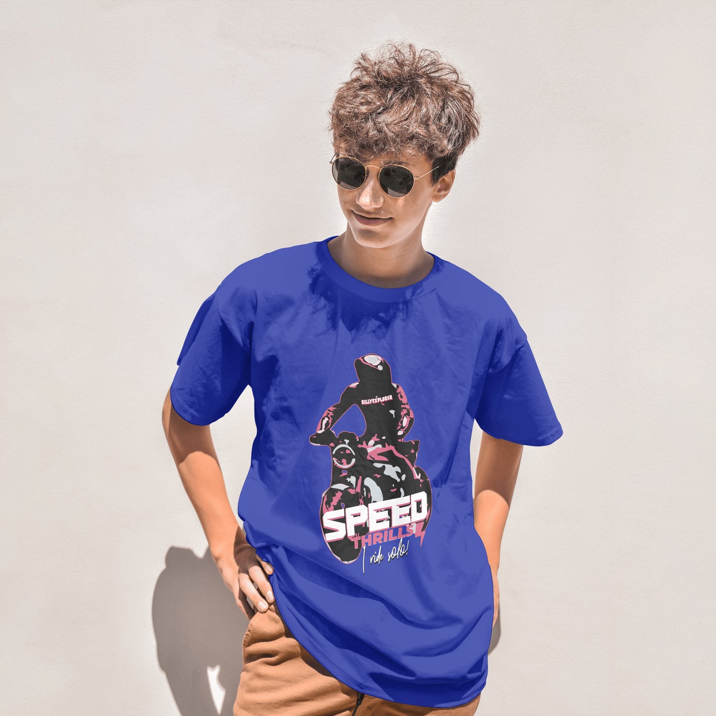 ‘Speed Thrills’ Men Royal Blue T-Shirt by SillyExplorer Front View