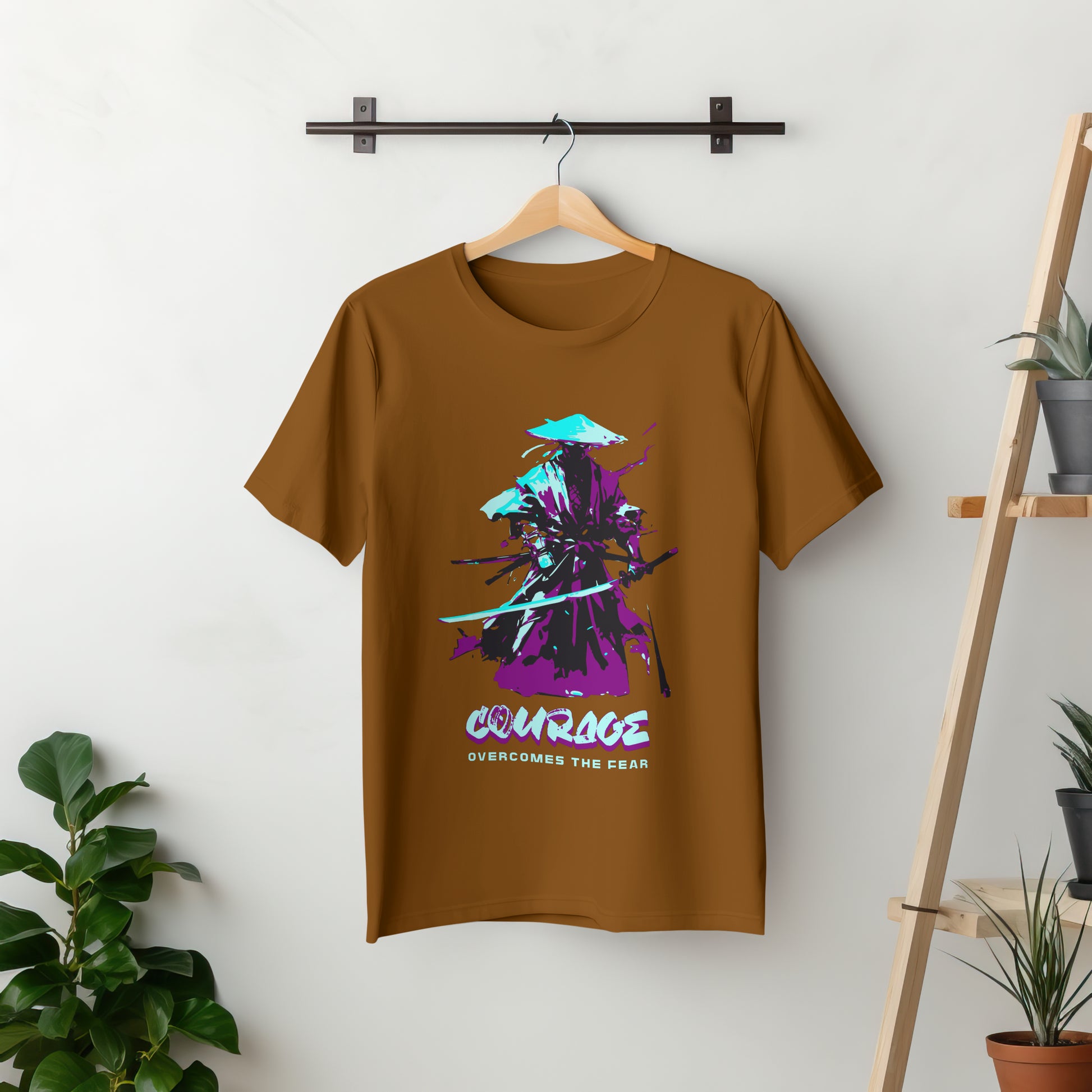 ‘Samurai Courage’ Men Brown T-Shirt by SillyExplorer 2nd Front View