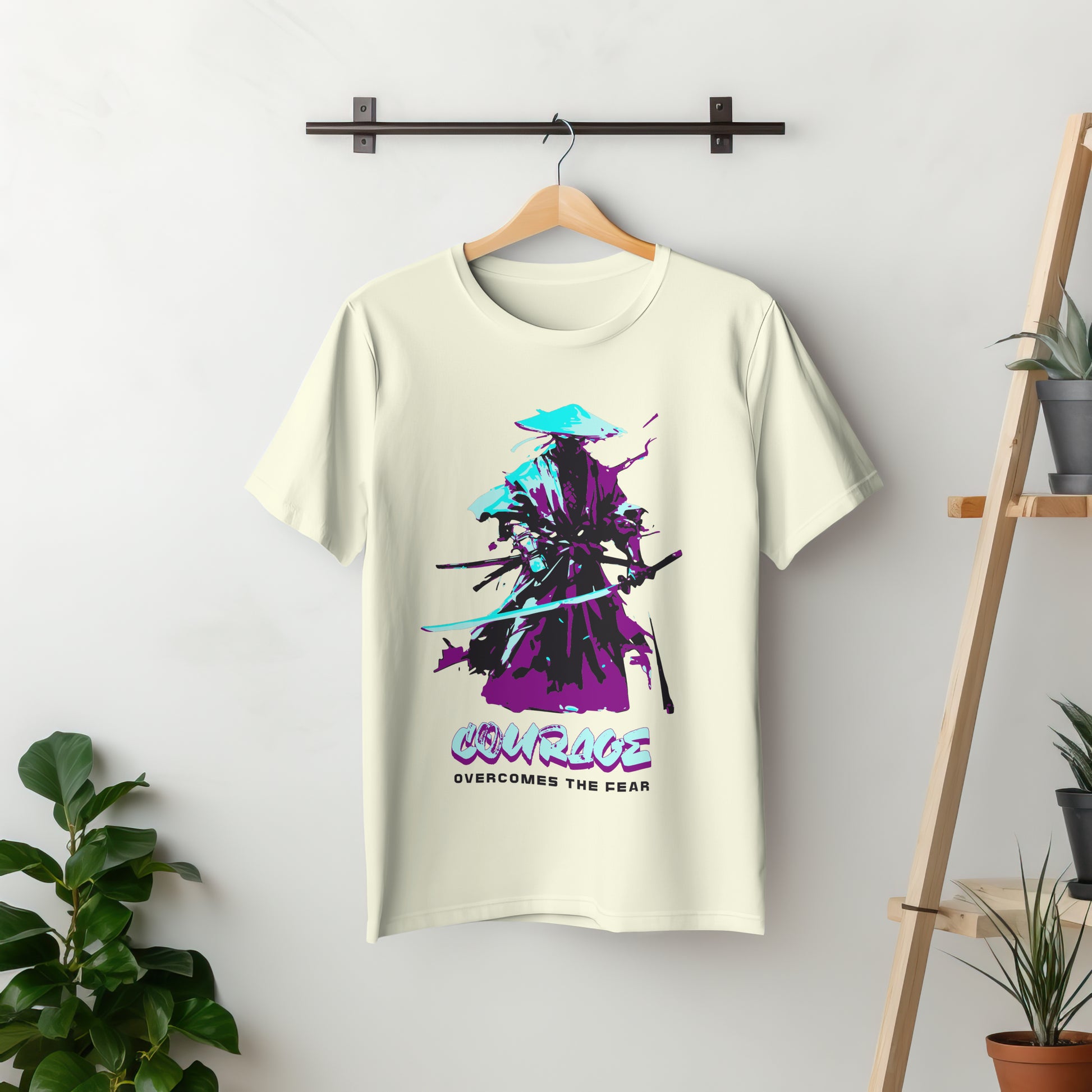 ‘Samurai Courage’ Men Off-White T-Shirt by SillyExplorer 2nd Front View