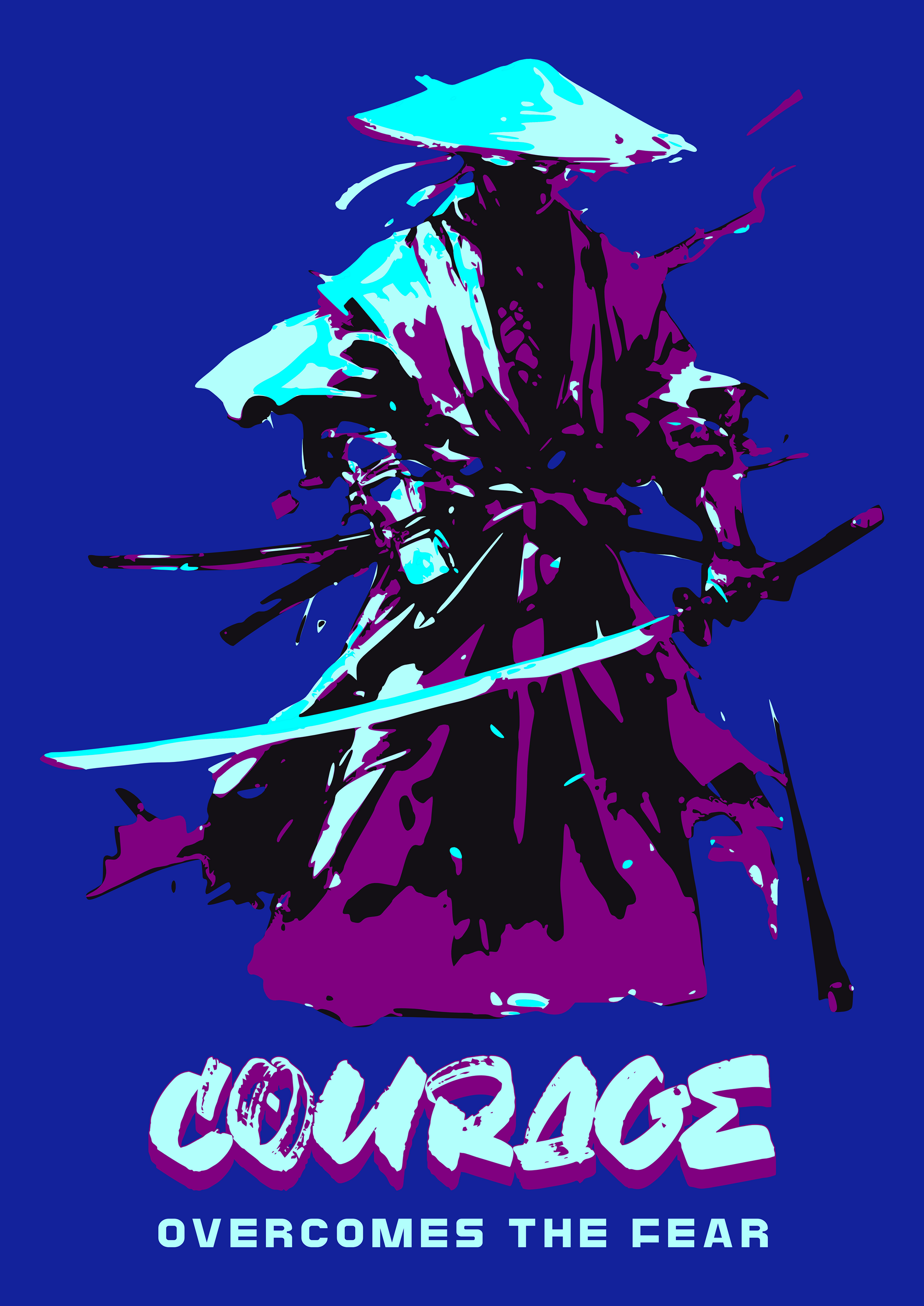 ‘Samurai Courage’ Men Royal Blue T-Shirt by SillyExplorer Design Closeup