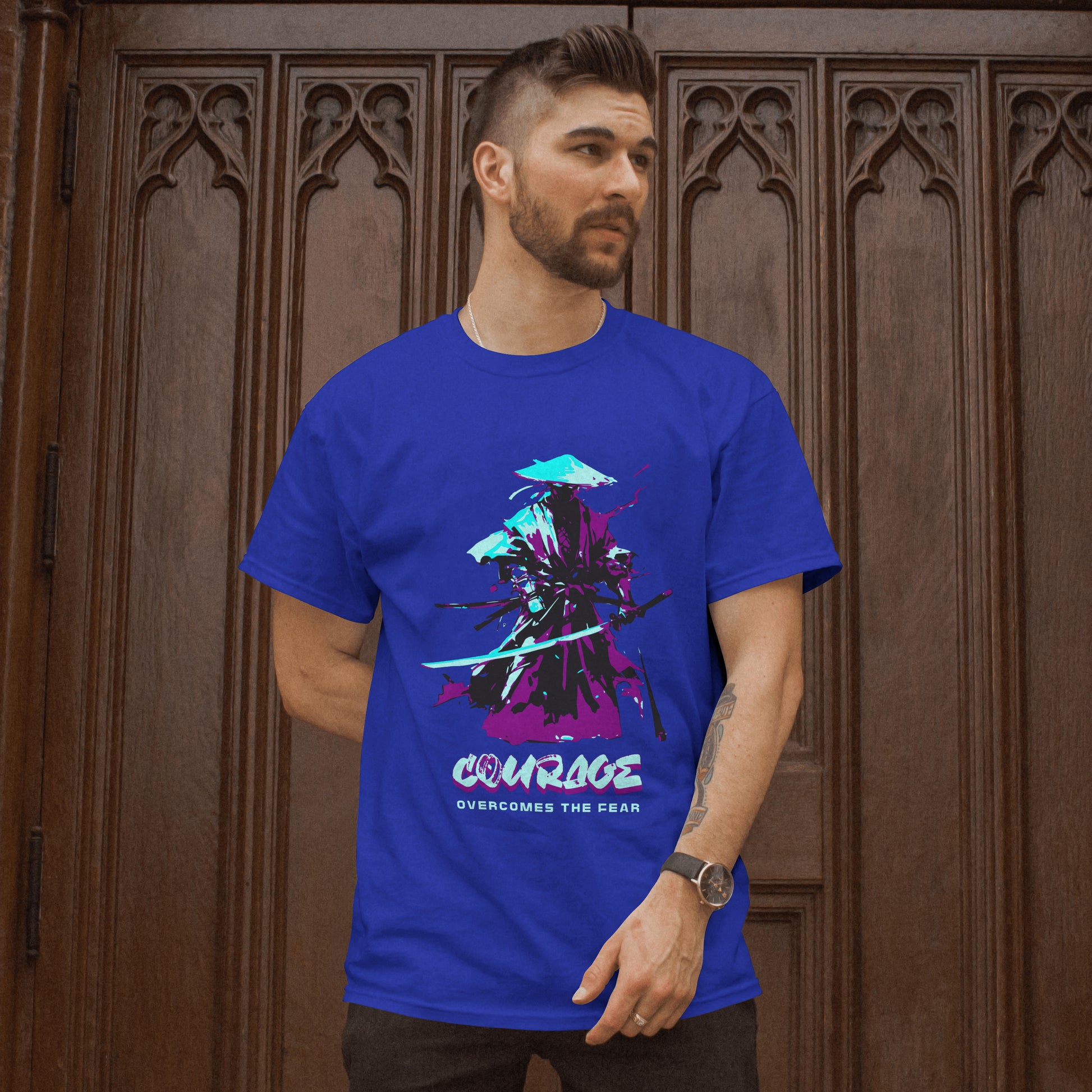 ‘Samurai Courage’ Men Royal Blue T-Shirt by SillyExplorer Front View