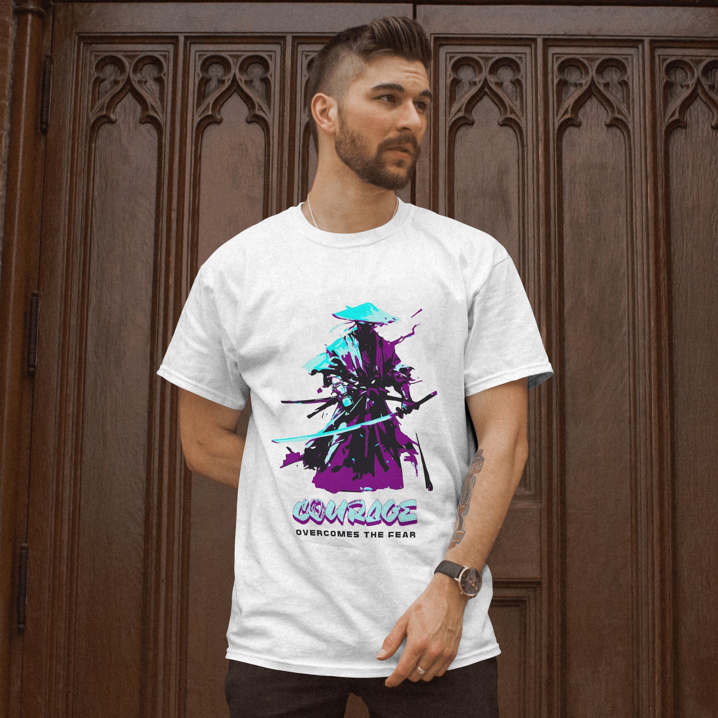 ‘Samurai Courage’ Men White T-Shirt by SillyExplorer Front View