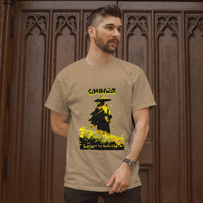 ‘Samurai Survival’ Men Beige T-Shirt by SillyExplorer Front View