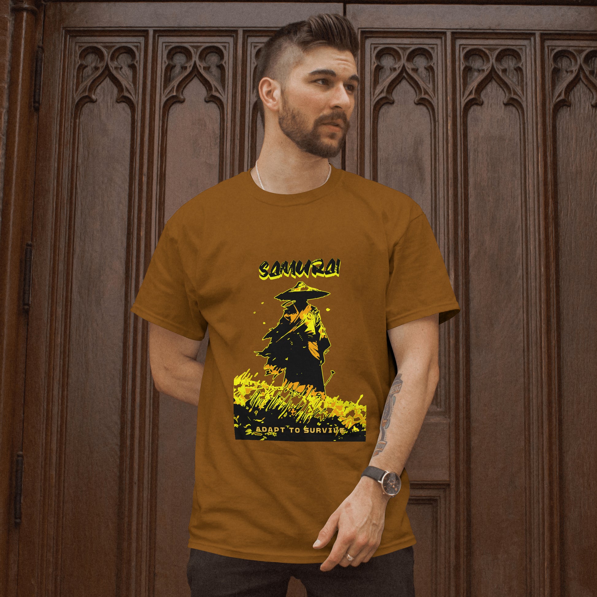 ‘Samurai Survival’ Men Brown T-Shirt by SillyExplorer Front View