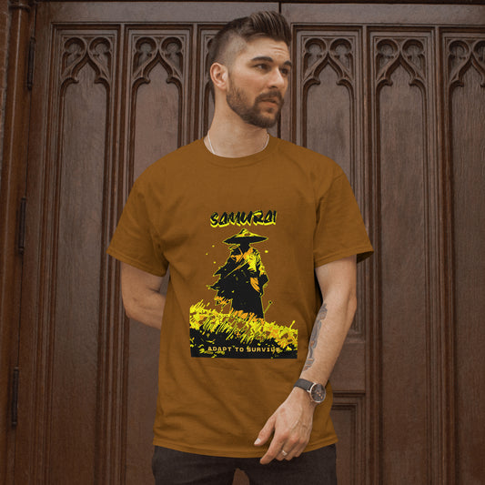 ‘Samurai Survival’ Men Brown T-Shirt by SillyExplorer Front View