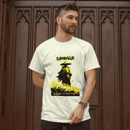 ‘Samurai Survival’ Men Off-White T-Shirt by SillyExplorer Front View