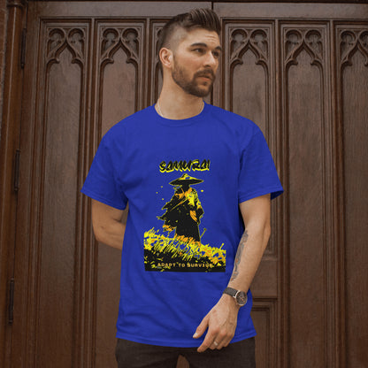 ‘Samurai Survival’ Men Royal Blue T-Shirt by SillyExplorer Front View