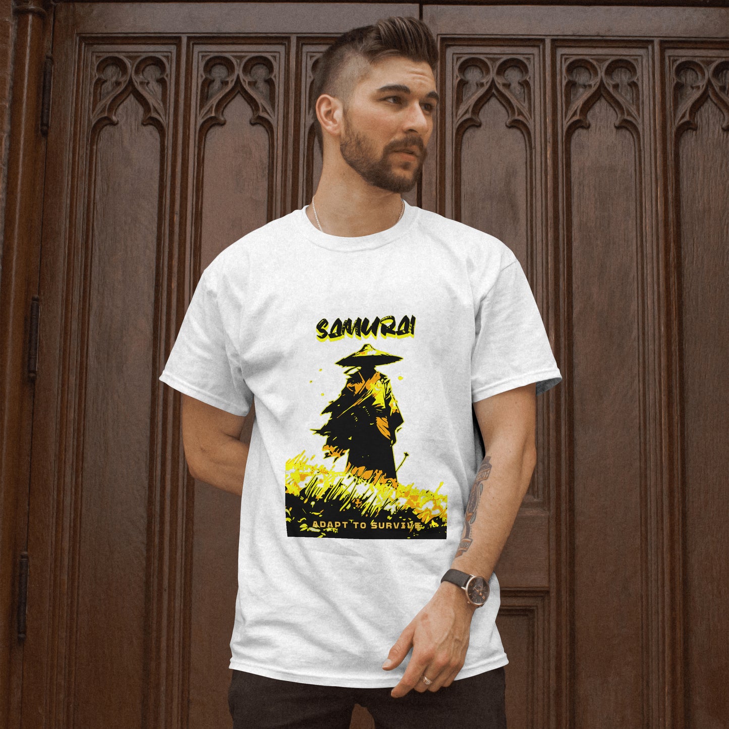 ‘Samurai Survival’ Men White T-Shirt by SillyExplorer Front View