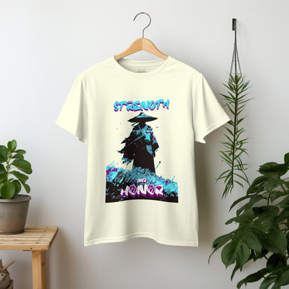 ‘Samurai Strength’ Men Off-White T-Shirt by SillyExplorer 2nd Front View