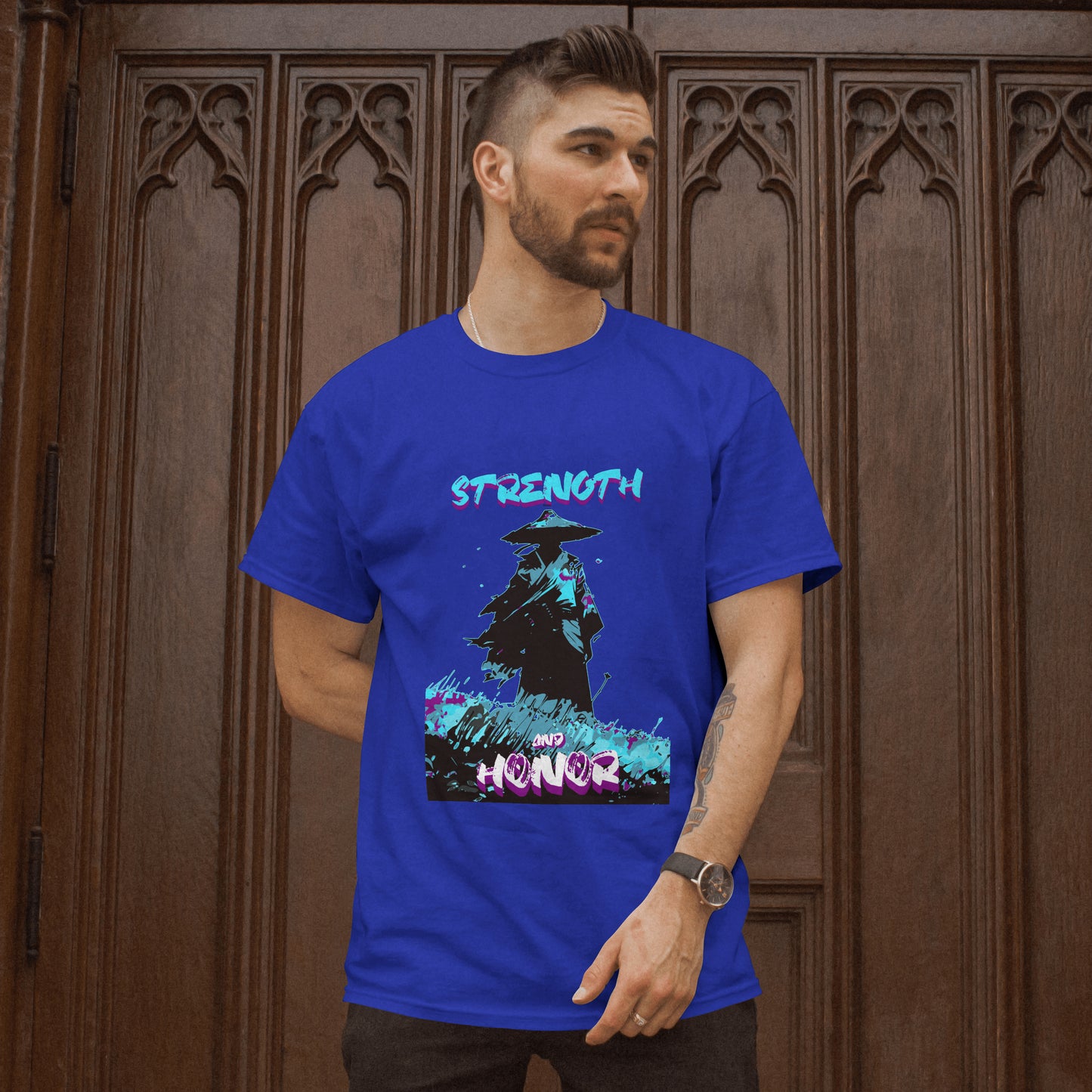 ‘Samurai Strength’ Men Royal Blue T-Shirt by SillyExplorer Front View