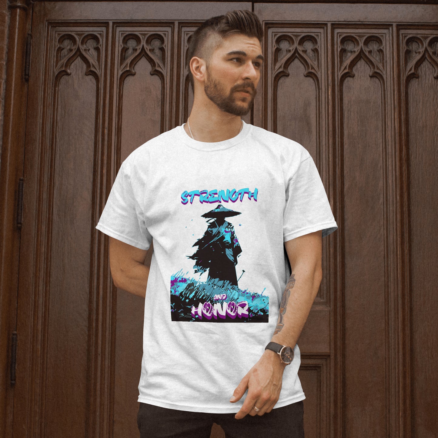 ‘Samurai Strength’ Men White T-Shirt by SillyExplorer Front View